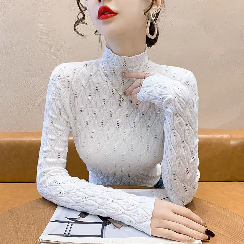 

Осенний пуловер с полуводолазкой, женский новый облегающий и стильный полый легкий вязаный свитер с длинными рукавами