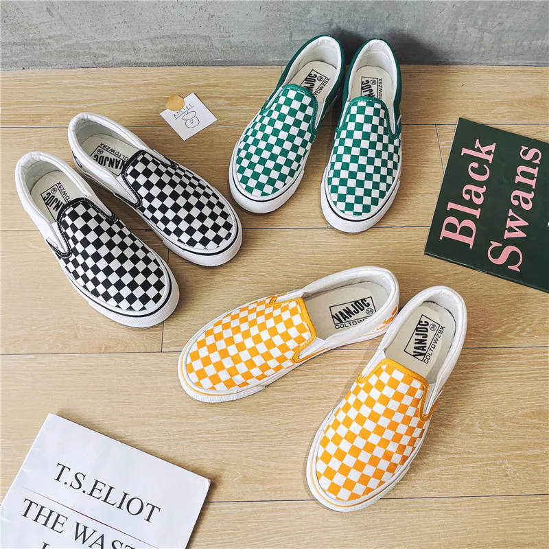 Black White Plaid Canvas Shoes for Women 2023 Flat Casual Shoes Men Summer Autumn Plaid Female Casual Ladies Lazy Sneaker