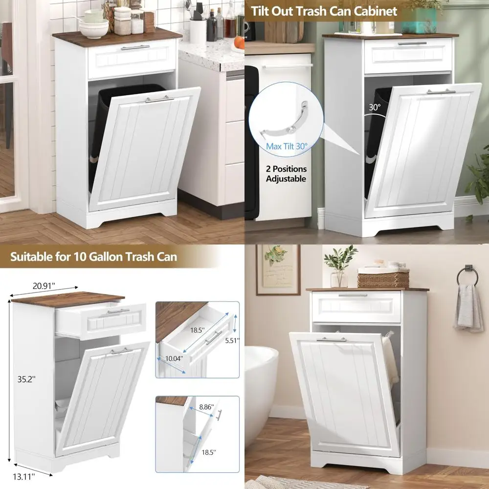 

Wooden Tilt-Out Trash Can Cabinet with Storage Drawer for Kitchen and Hidden Laundry Hamper Holder