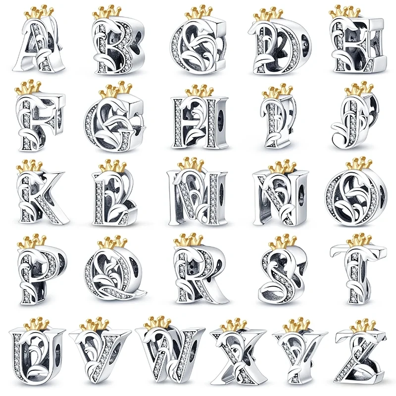 

2025 модная новинка, стерлинговое серебро 925 пробы, Золотая корона, 26 букв A-Z, подвесная бусина, подходит для оригинального браслета, ювелирных изделий для изысканного подарка