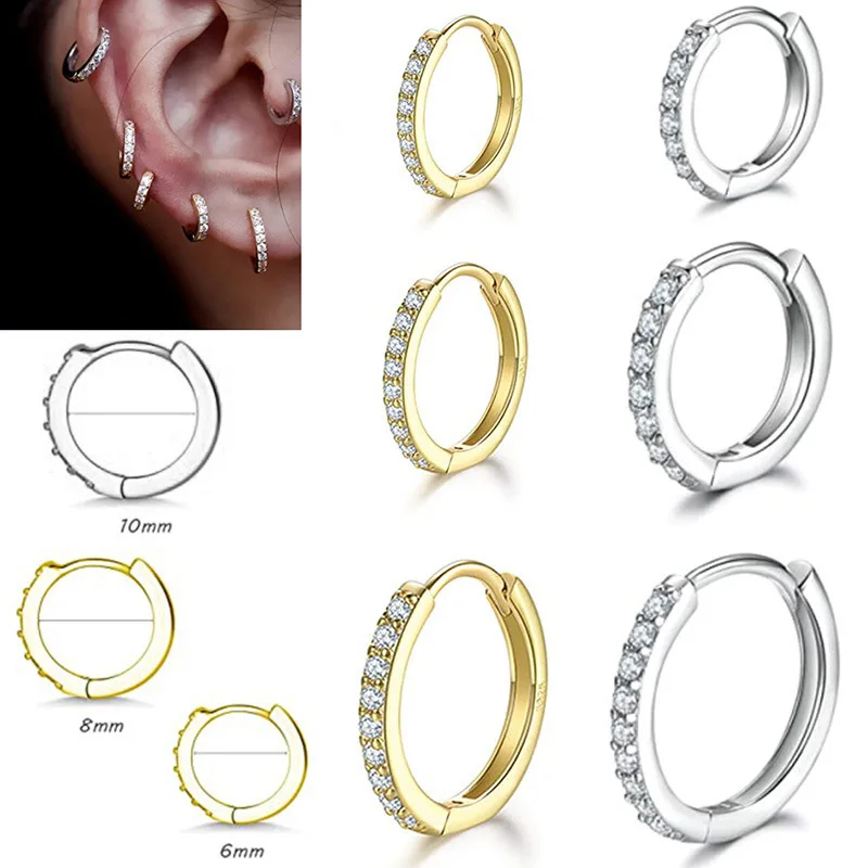 Pendientes de aro pequeños de Plata de Ley 925 de 8/10/12mm, pendientes de aro Huggie de circonia cúbica, joyería pequeña de moda