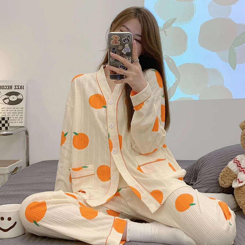 Spring Autumn Pajamas Set for Women Thin Cotton Fashion Print Women Long Sleepwear Set Home Clothes Women Female Nightwear Pjs