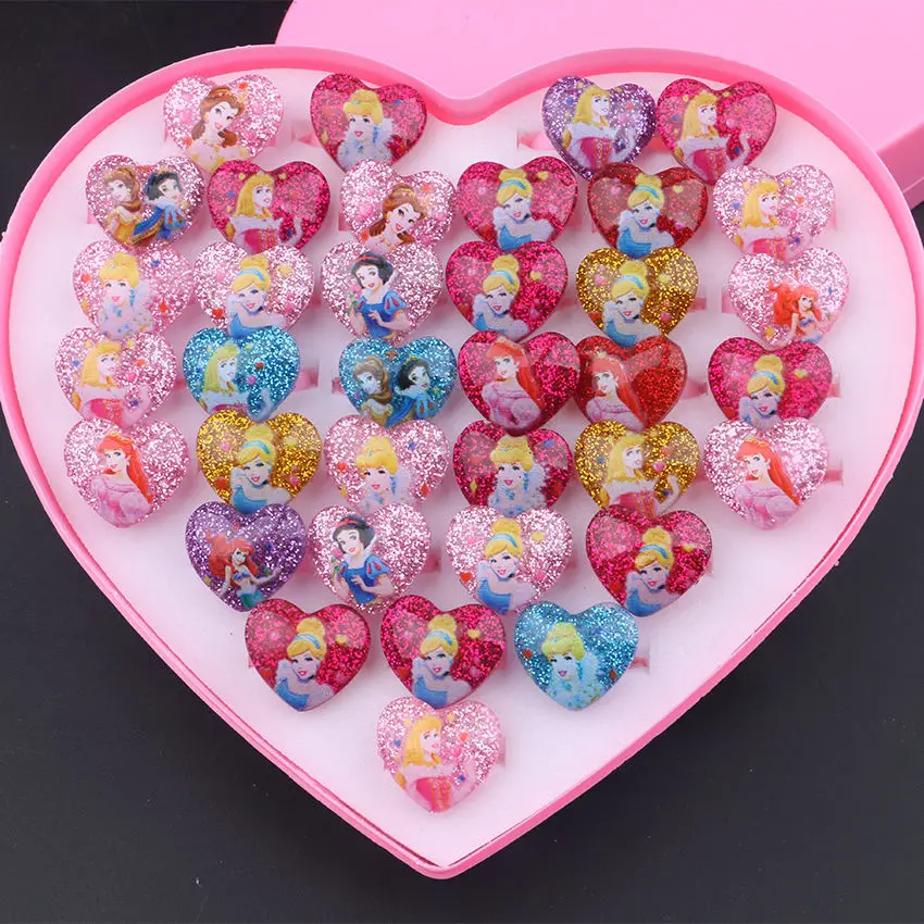 36PCS/Box Princess Party Favor Glitter Ring Girl Happy Birthday Party Gift School Rewards Frozen Party Souvenir Cute Giveaway