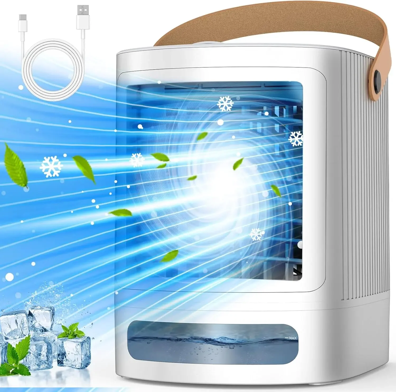 

Top Refill Tank Mini Air Conditioner - 3-IN-1 with 3-Level Humidify & 3 Speeds, 7-Color Night Light, 8-Hour Cooling Period