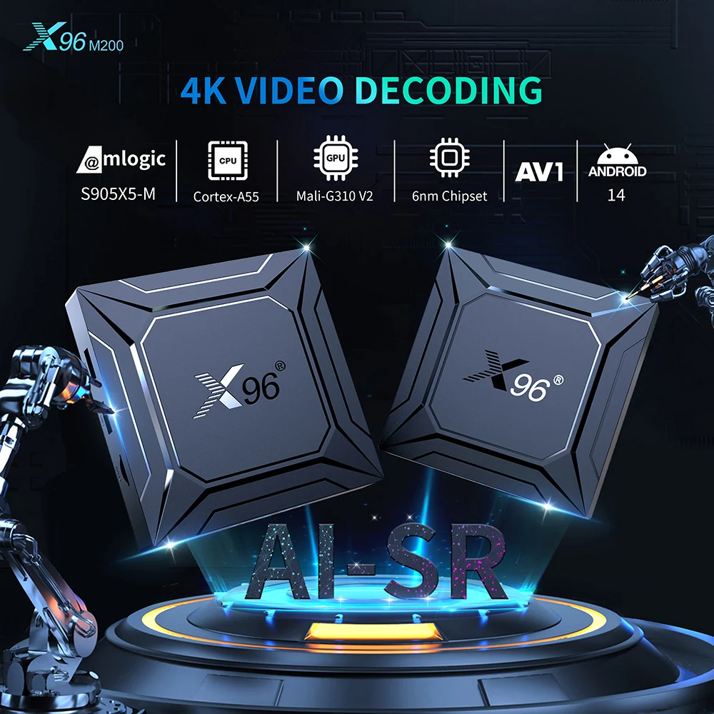 X96 M200 TV Box Android 14.0 Amlogic S905X5M رباعي النواة مدمج في AI-SR AV1 4K ULTRA HD 1000 LAN Dual Wifi Android 14 Set Top Box