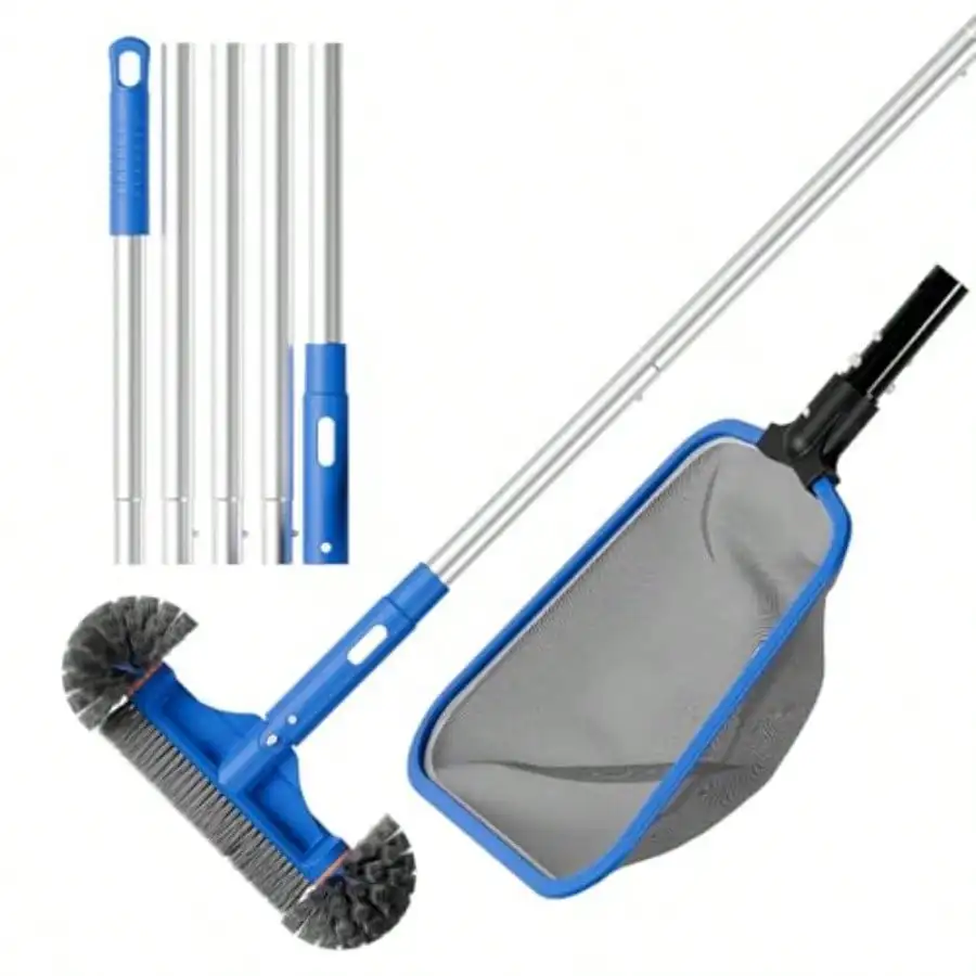 Deluxe Swimming Pool Cleaning Kit Including Half-Deep Fine Mesh Pool Leaf Skimmer Net12 Round Pool Brush Head 70.5 Pole For Above Ground Pools Ponds Spas Hot Tubs