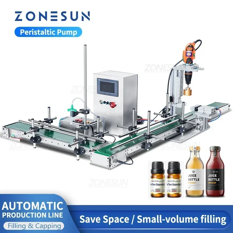 

ZONESUN Настольная автоматическая линия для наполнения жидкостью, укупорочная машина для небольших стеклянных бутылок, перистальтический магнитный насос ZS-FAL90S