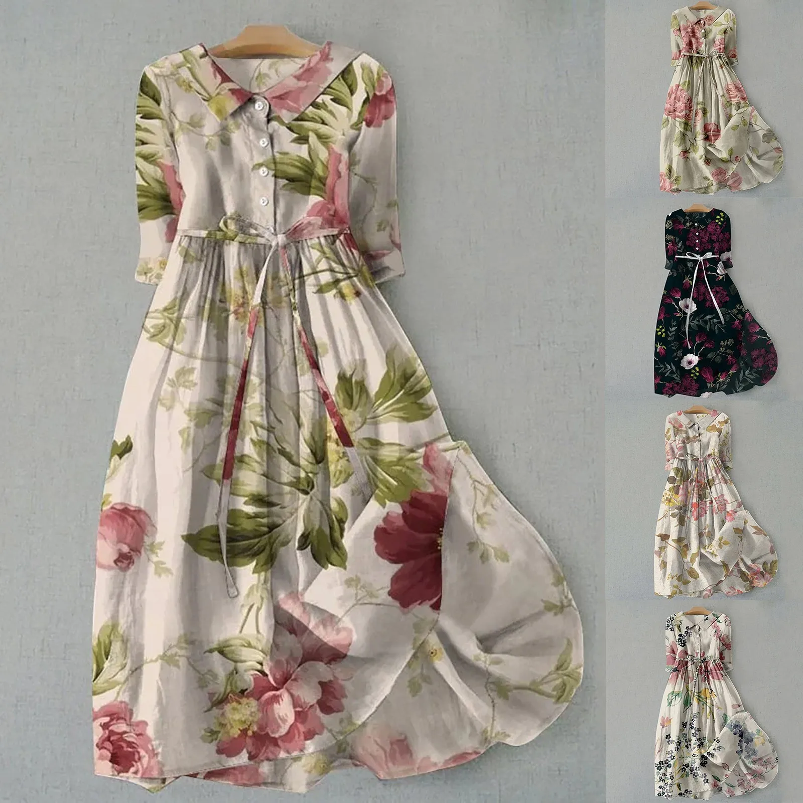 Vestido largo Floral floreado para mujer, vestido Vintage plisado con botones de solapa, línea A, estilo coreano, camisas informales con cordones