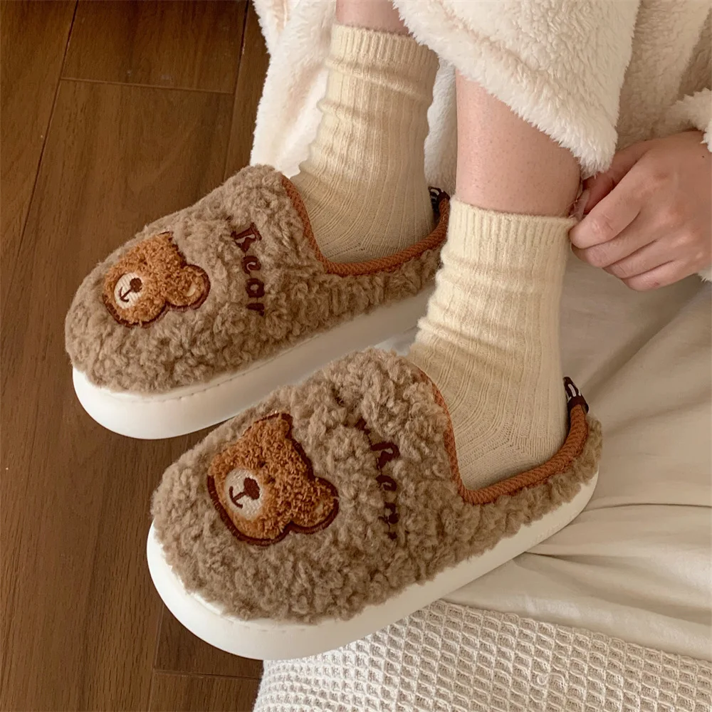 Female winter girl heart home non-slip soft-soled floor shoes cute plush bear warm bag head cotton slippers