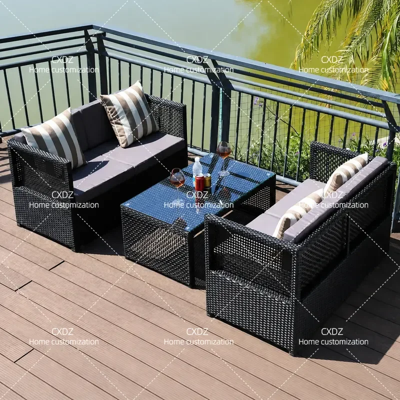 Outdoor Rattan Sofa Set Waterproof Wicker Furniture for Sunroom Hotel Real Estate Patio Garden Swing Chair and Table Combo