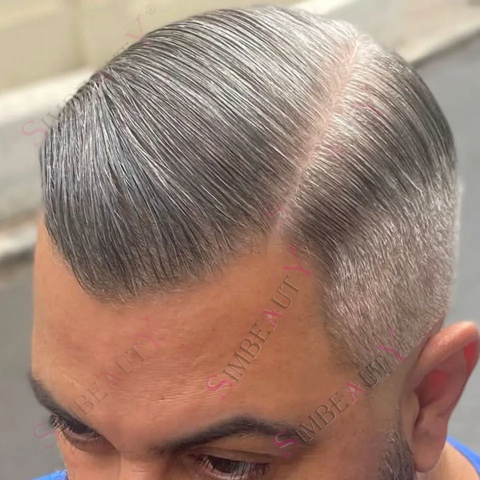 

80% плотность 0,02 мм, супер тонкая необработанная натуральная линия волос 1B50 1B80, серая, мягкая, тонкая кожа, мужской парик, человеческие волосы, протез старика