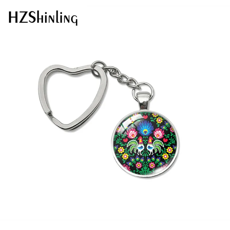 2023 New Arrival Fashion Classic Polish Folk Art Patterns Glass Dome Keyrings Handmade Jewelry Heart Bag Holder Keychains