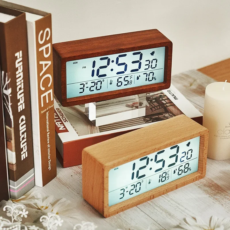 

New solid wood clock Simple temperature and humidity clock Luminous bedside clock large screen creative wood alarm clock