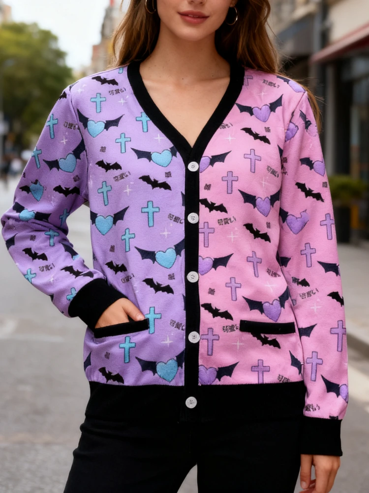 

Y2K Gothic Cardigan Kawaii Purple Pink Bat Print Coats with Cross Heart Harajuku Jacket Streetwear for Women & Teens Cosplay