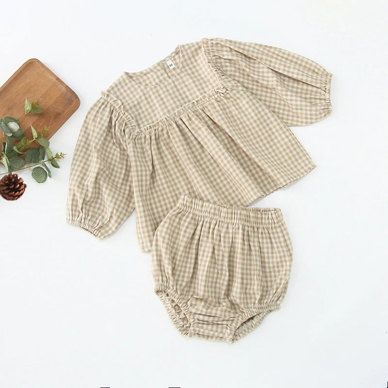 Infant Baby Boys Girls Clothes Set Spring Autumn Kids Baby Boys Girls Long Sleeve Grid T-shirt + Shorts 2pcs Toddler Clothes