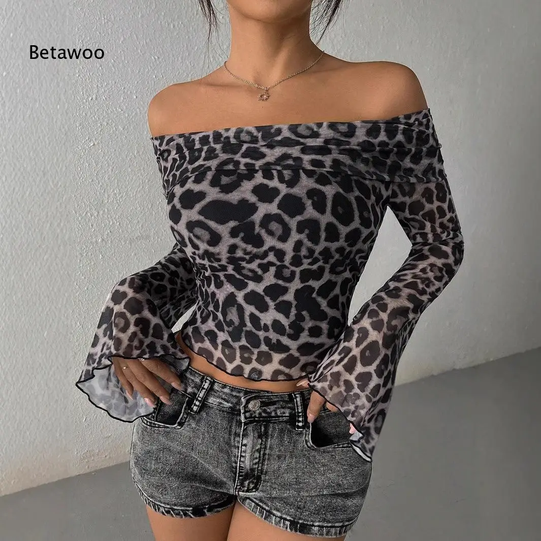 Form Fitting Leopard Print Off Shoulder Mesh Blouse