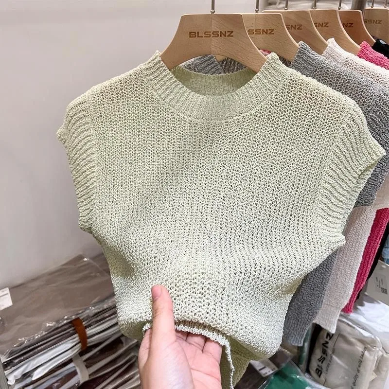 Knitted Sweater Vests Women Solid Hollow Out Slim Summer O-neck Office Lady Simple Korean Style Daily Pullover Fashion Basic