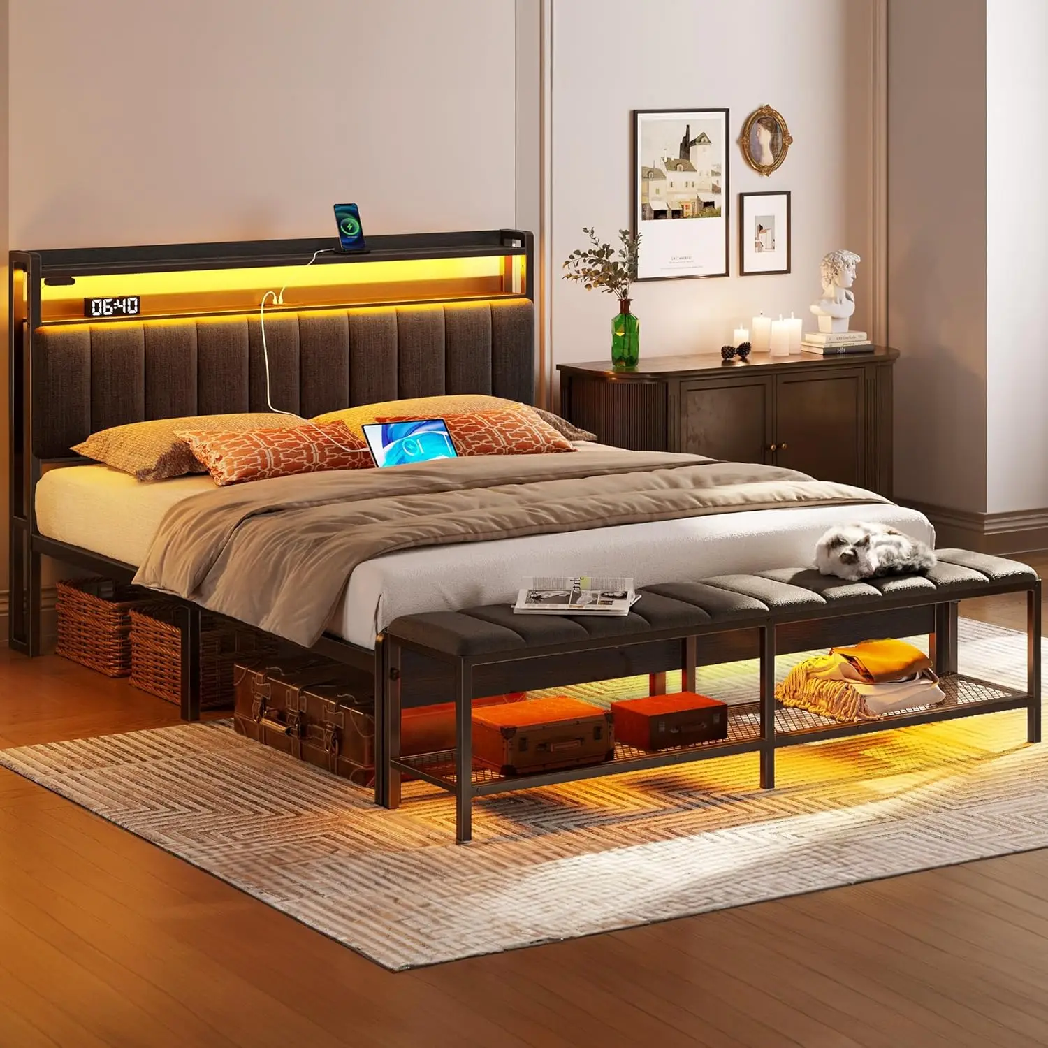 Full Bed Frame with Charging Station & LED Lights Upholstered Headboard with Storage Shelves Heavy Duty Metal Slats