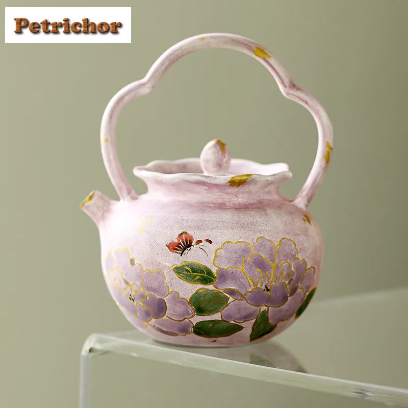 

200ml Hand Drawn Butterfly Orchid Lifting Handle Teapot Retro Tea Infuser Pot Tea Brewing Kettle With Strainer Drinkware Craft