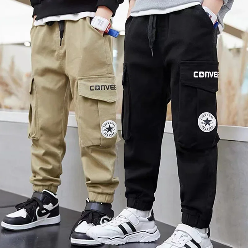 Boys Cargo Pants Children Autumn Spring Jogger Pants Kids Casual Multi-Pocket Trousers Teen Elastic Waist Daily Outdoor Clothes