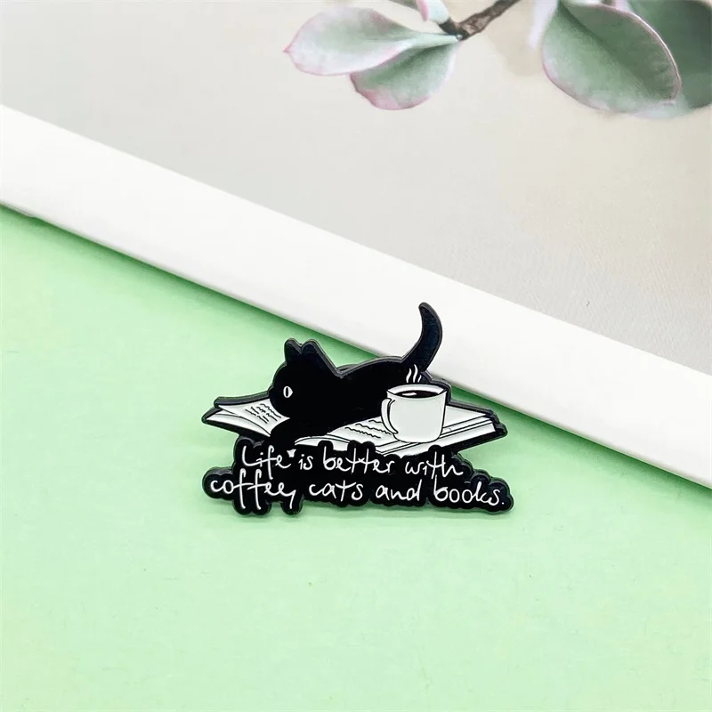 Retro Punk Style Black Cat Coffee And Book Design Metal Enamel Brooch Creative Badge Men Women Clothing Accessories Pin Jewelry