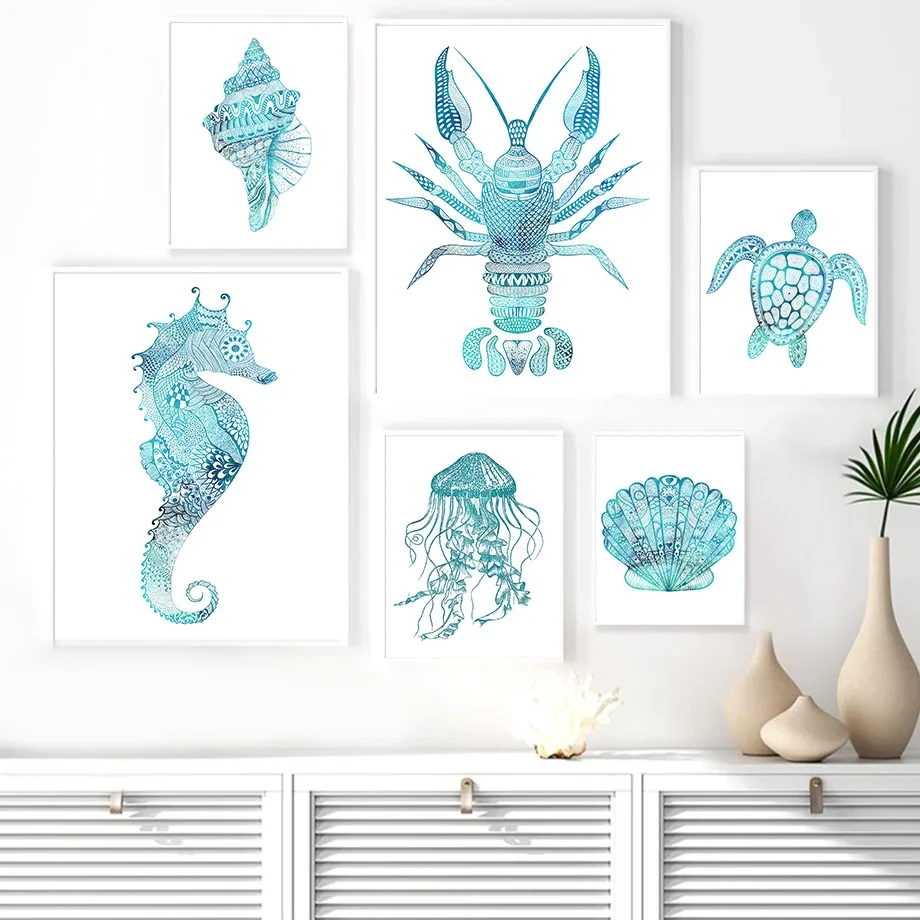 

Lobster Seahorse Conch Shell Jellyfish Vintage Art Canvas Painting Nordic Posters And Prints Wall Pictures For Living Room Decor