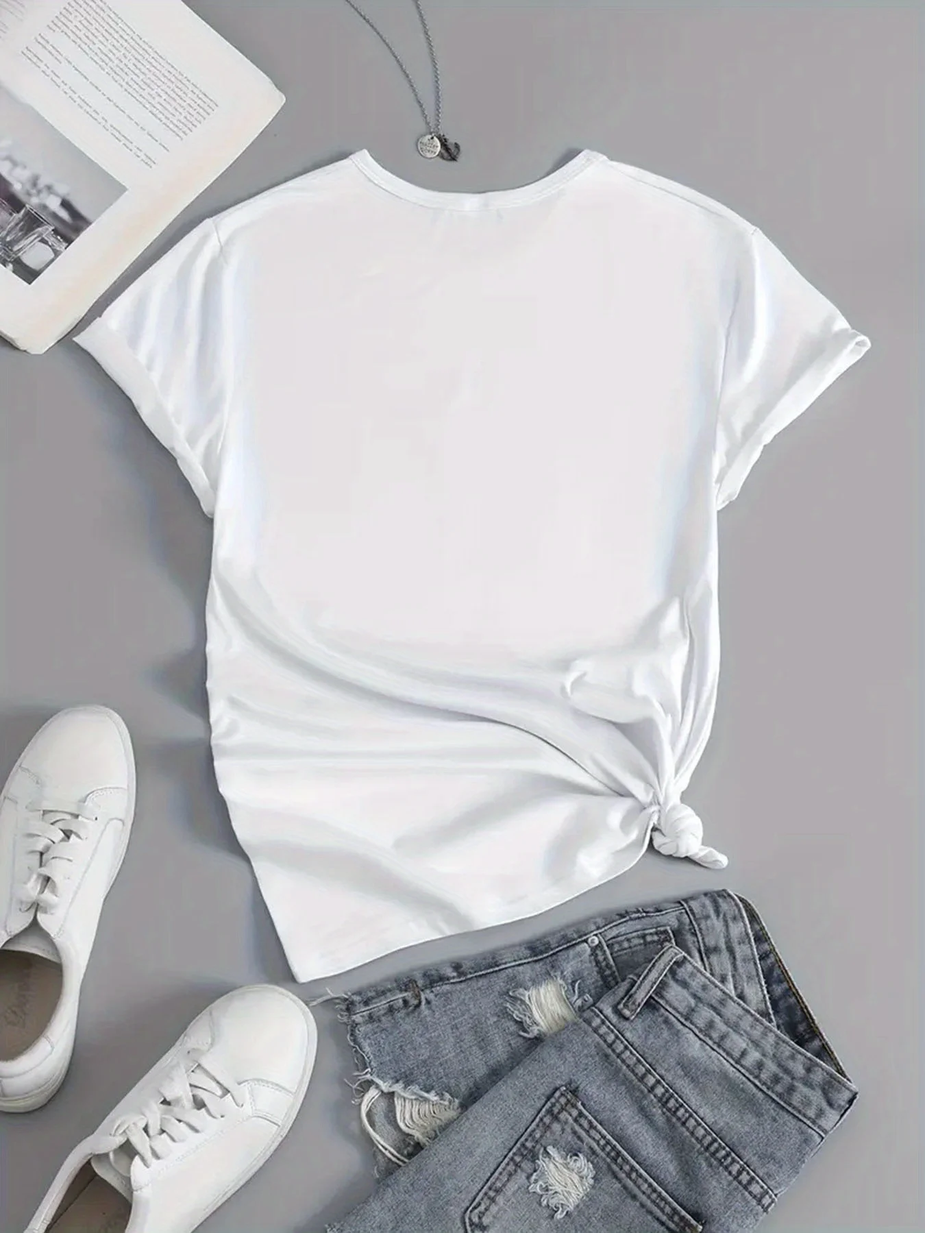 เสื้อยืดคอกลมแขนสั้นลำลองผู้หญิง - ลายการ์ตูนเชอร์รี่และไอศกรีม, ผ้านุ่มไมโครยืดหยุ่นไม่โปร่งใส,