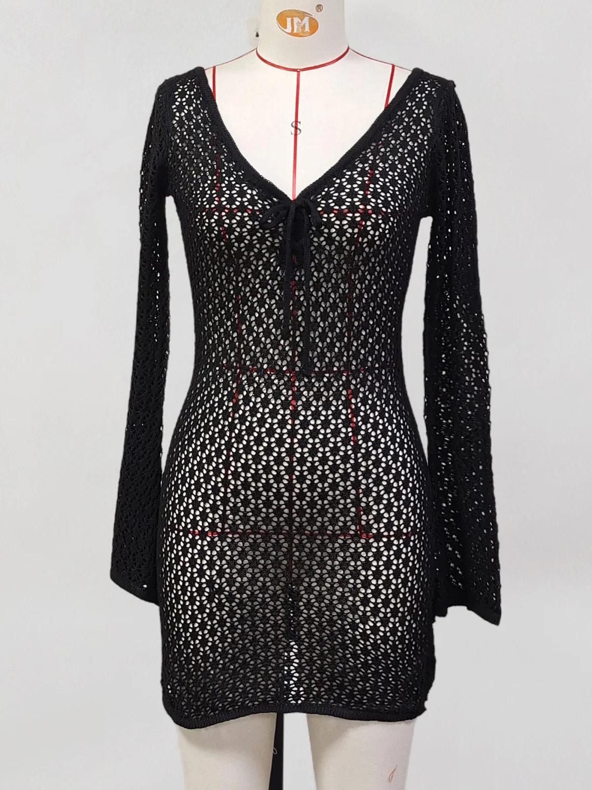 

V Neck Long Sleeve Hollow Out Crochet Knitted Tunic Beach Cover Up Cover-ups Beach Dress Beach Wear Beachwear Female Women V6081