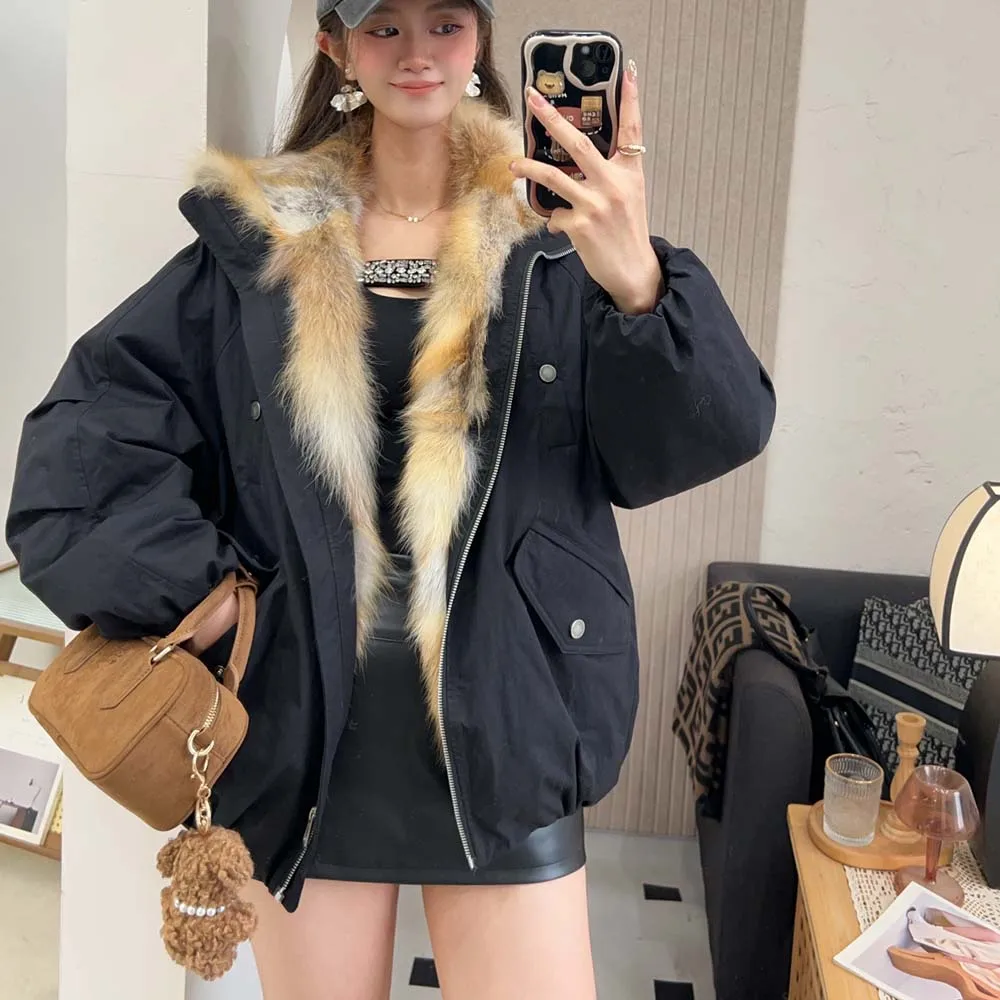 Femmes coréennes vers le bas manteaux col de fourrure de renard ample décontracté en duvet d'oie femme doudoune automne hiver 2025