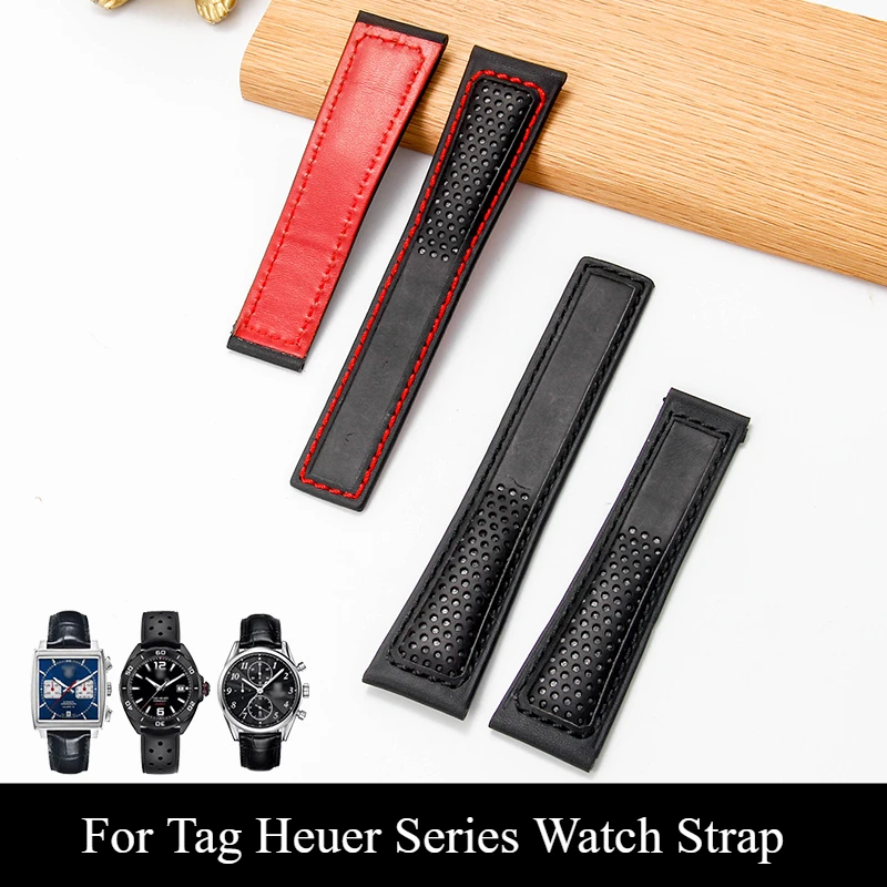 For Tag Heuer Series Dainty Genuine Cow Leather Strap Soft Breathable Sweatproof Effective Antibacterial Watchbands 22mm Black