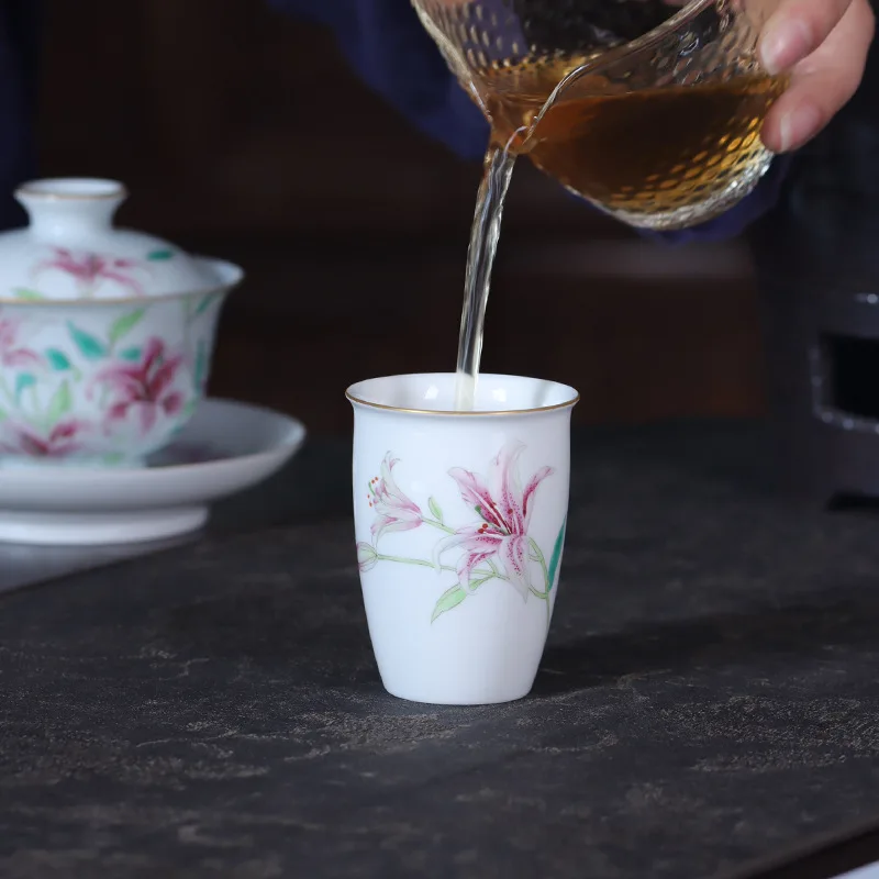 

Hand-Painted Overglazed Color Figure Lily Cover Teacup Women's Personal Dedicated Good-looking Jingdezhen High-End Set