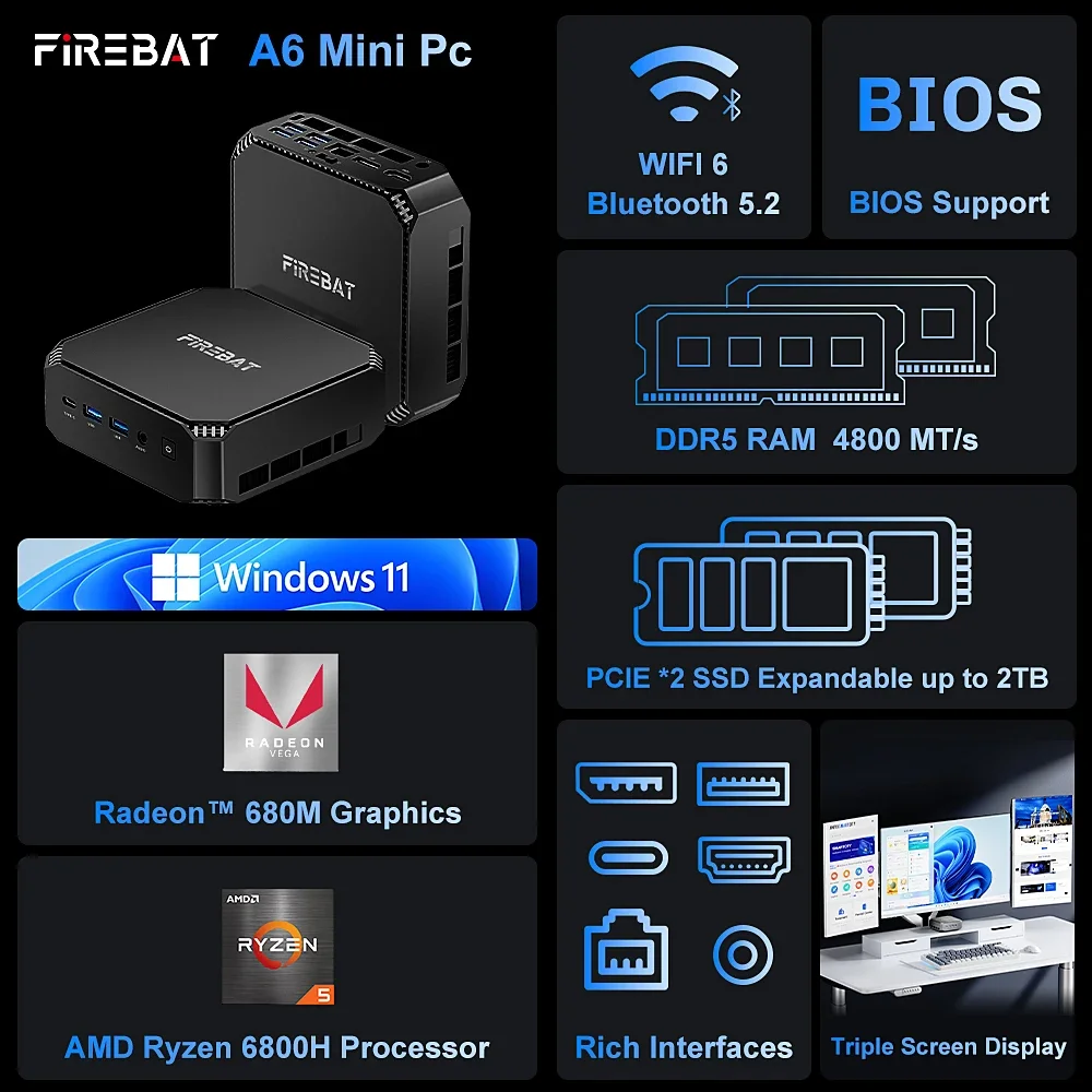 AMD R7 6800H Mini PC Gamer، FIREBAT A6 16GB 512GB SSD Mini Computer، AMD Radeon Graphics، Dual Band WiFi6 BT5.2، مكتب كمبيوتر للألعاب