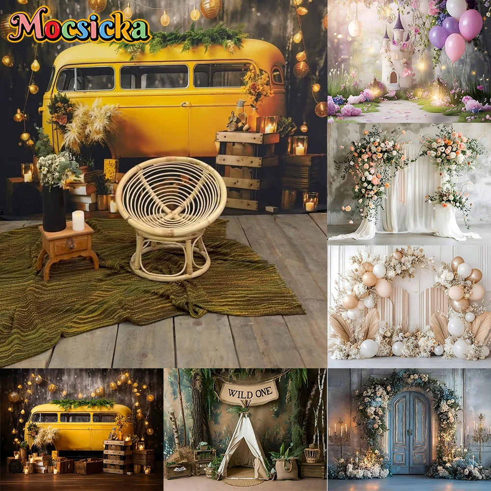 Mocsicka Photography Background Yellow Car Bus Decoration Backdrop For Newborn 1st Birthday Baby Shower Cake Smash Party Prom