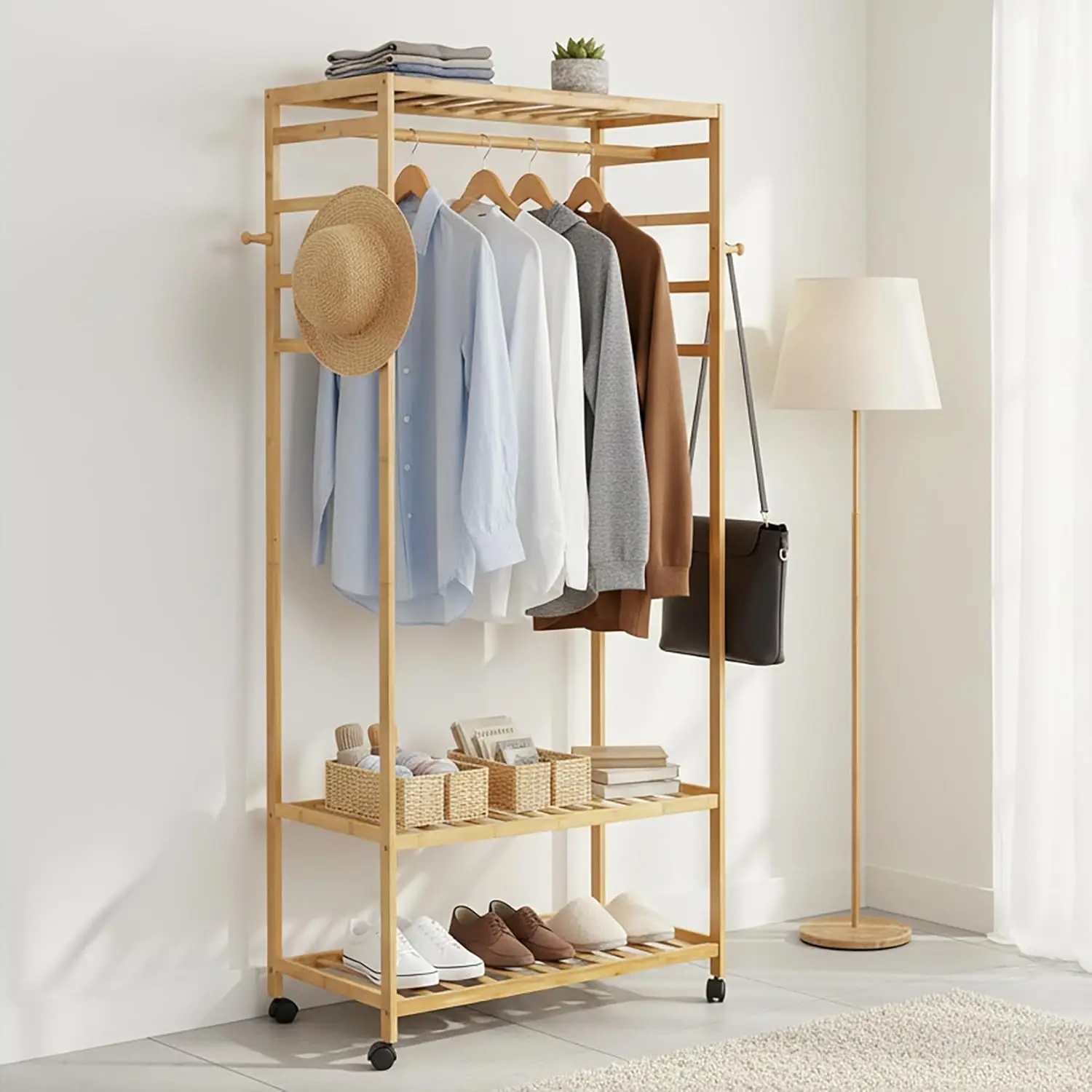 

Bamboo Rolling Clothes Rack Open Wardrobe Coat and Shoe Rack for Home, Living Room, Bedroom