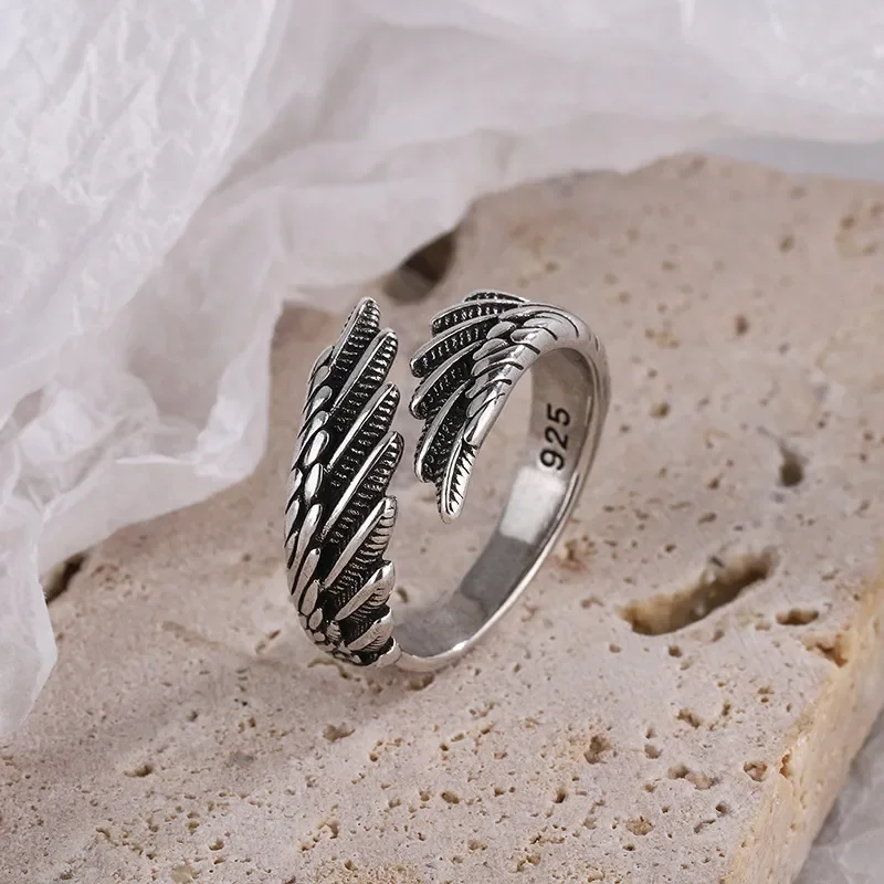 Women Girls Silver Color Rings Fashion Hip Hop Vintage Couples Creative Wings Design Thai Silver Party Jewelry Birthday Gifts image 5