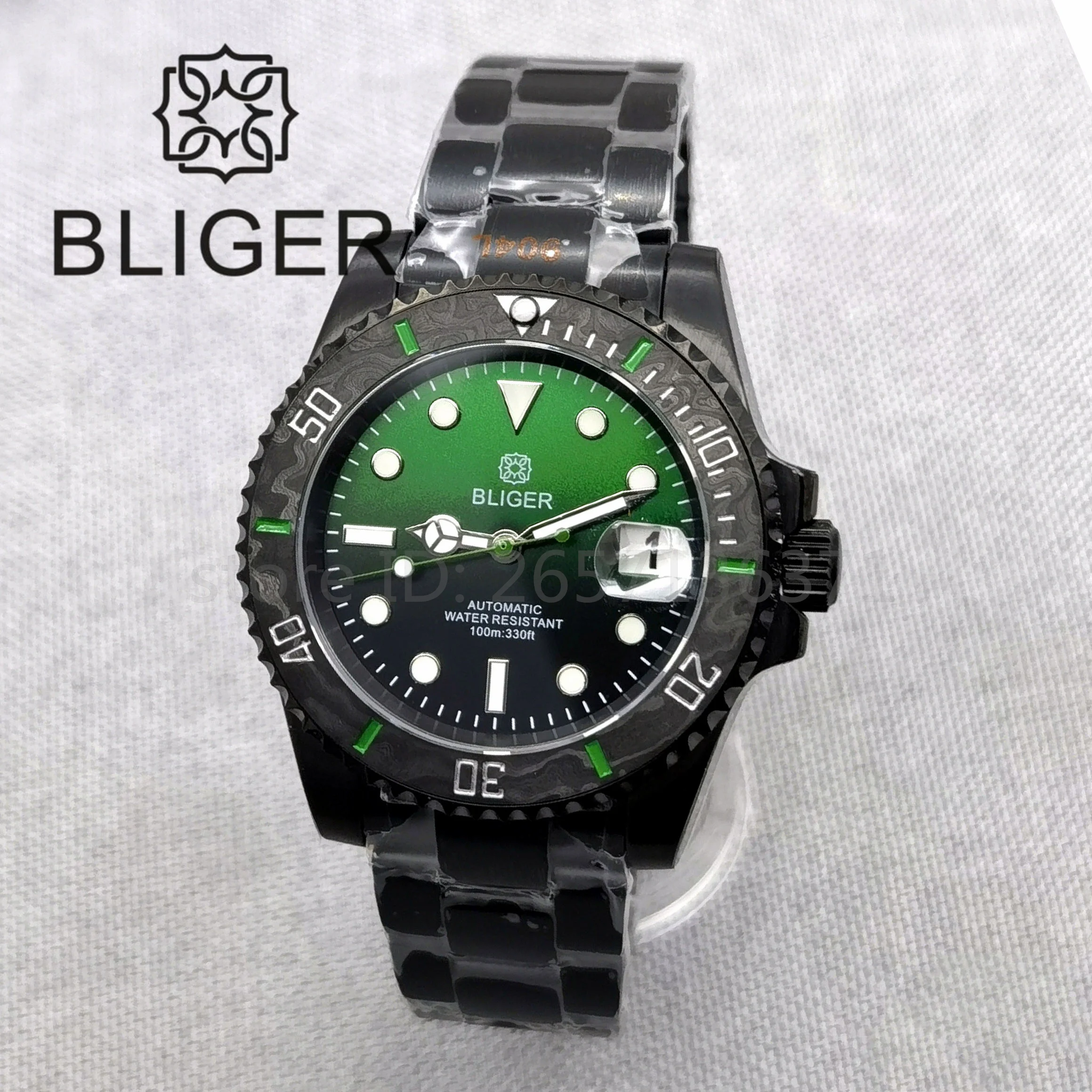 BLIGER 40mm Watch For Men NH35 Automatic Mechanical Wristwatch Full Black Case Sapphire Glass Carbon Fiber Bezel Waterproof Date