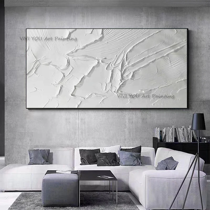 Pure White Impasto Oil Painting Original Hand Painted Thick Texture Horizontal Canvas Wall Hangings