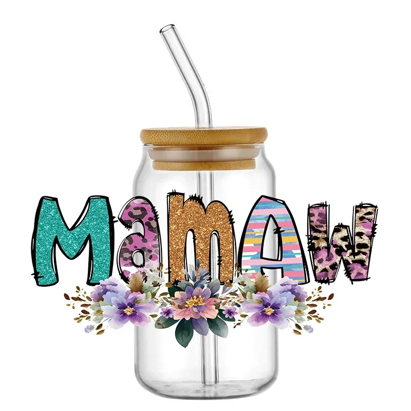 

Hot Selling MOM UV DTF Sticker For 16OZ Libbey Glass Cup Can Positive Vibes Wrap Transfer Sticker Custom Labels DIY Logo