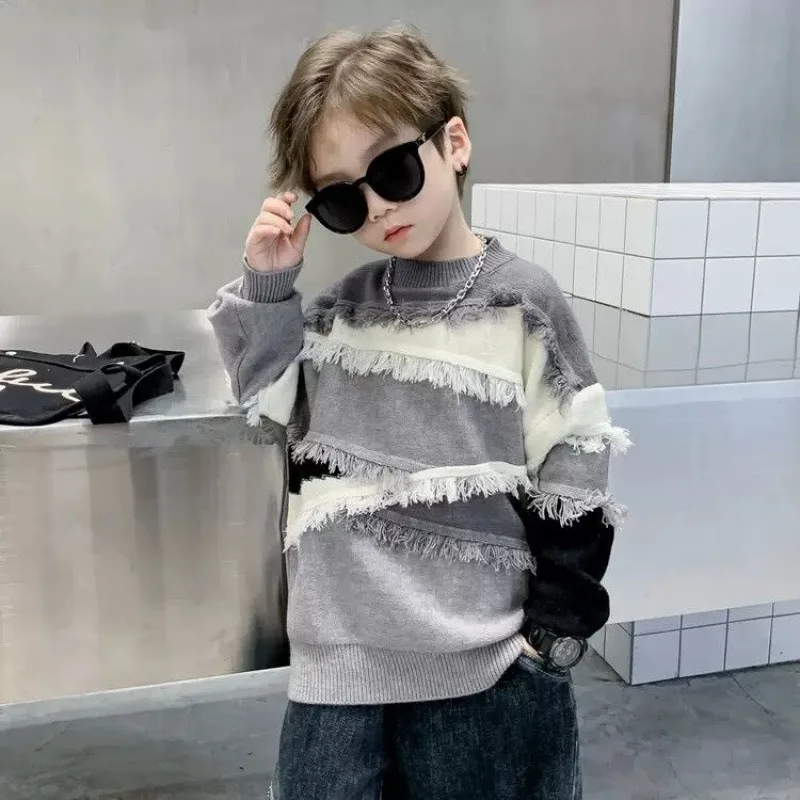 Boys Sweater Wool Coat Kids Tops Knitting 2024 Scoop Autumn Winter Plus Thicken Cottons Pullover Teenagers Children's Clothing