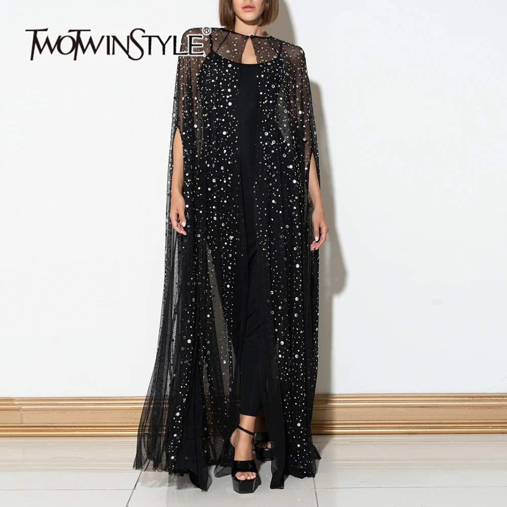 

TWOTWINSTYLE Patchwork Sequins Loose Chic Dress For Women Round Neck Cloak Sleeves High Waist Spliced Mesh Dresses Female New