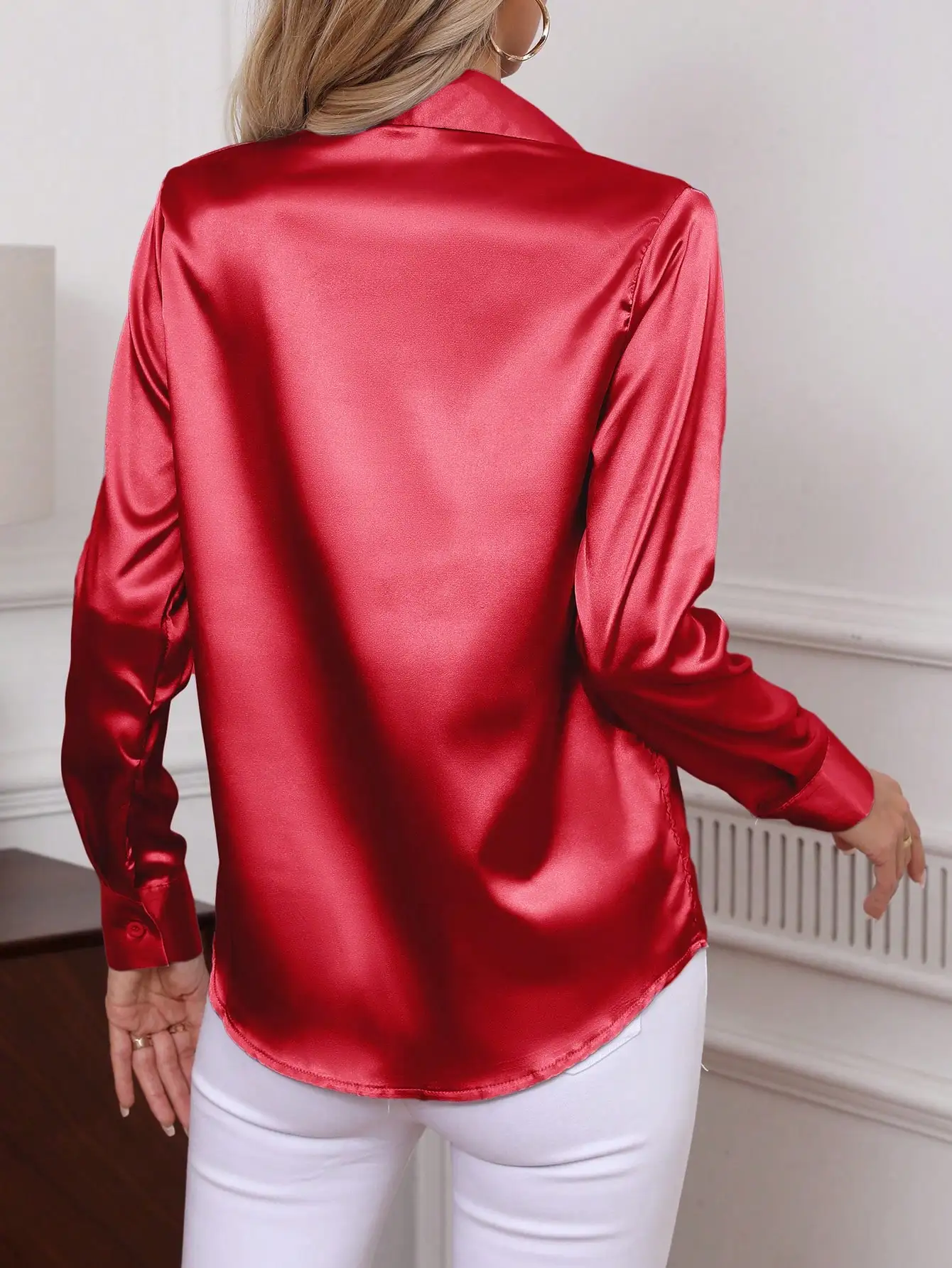 

Элегантная однотонная блузка из сатина с длинным рукавом и застежкой на пуговицах для женщин, для повседневной работы, весна