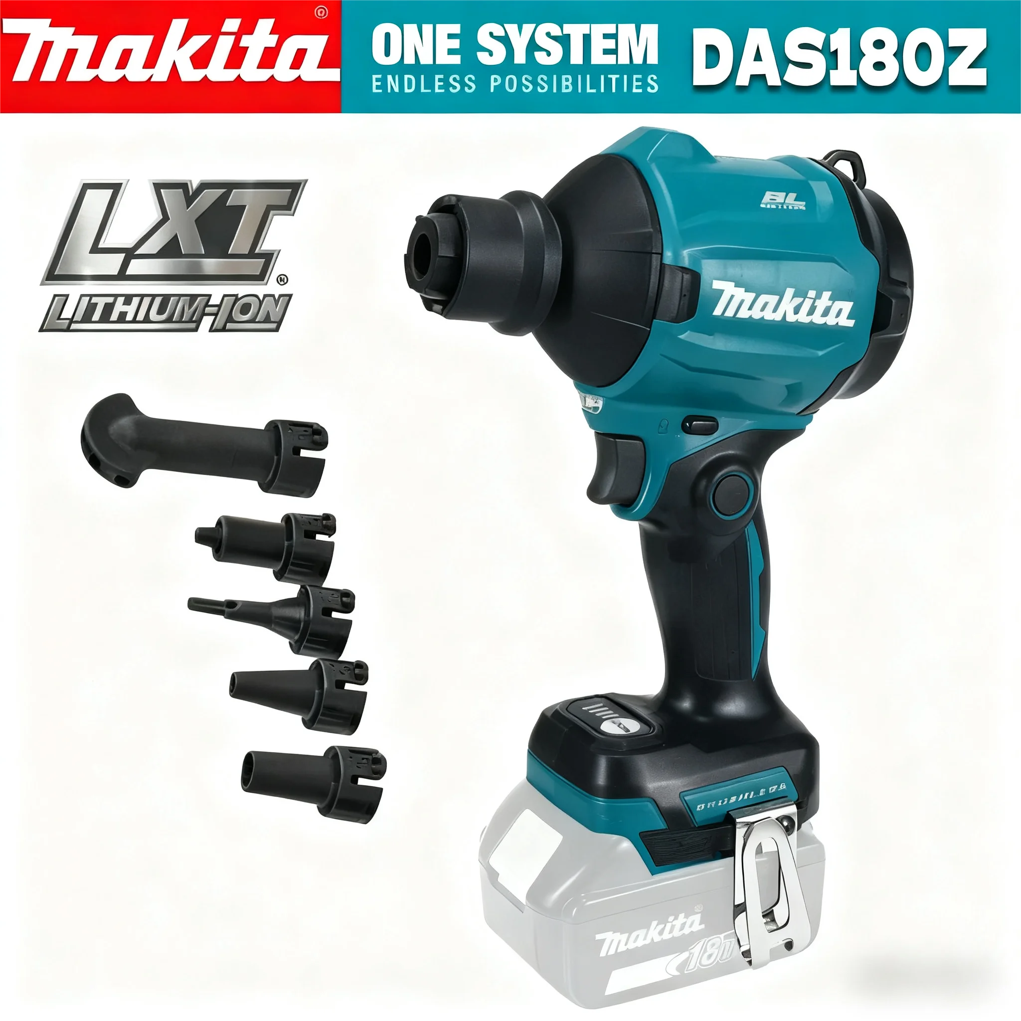 Makita DAS180Z Souffleur d'air sans fil sans balais 18 V LXT 5 buses - Poussière propre/feuilles/voitures/électronique et atelier (sans batterie)