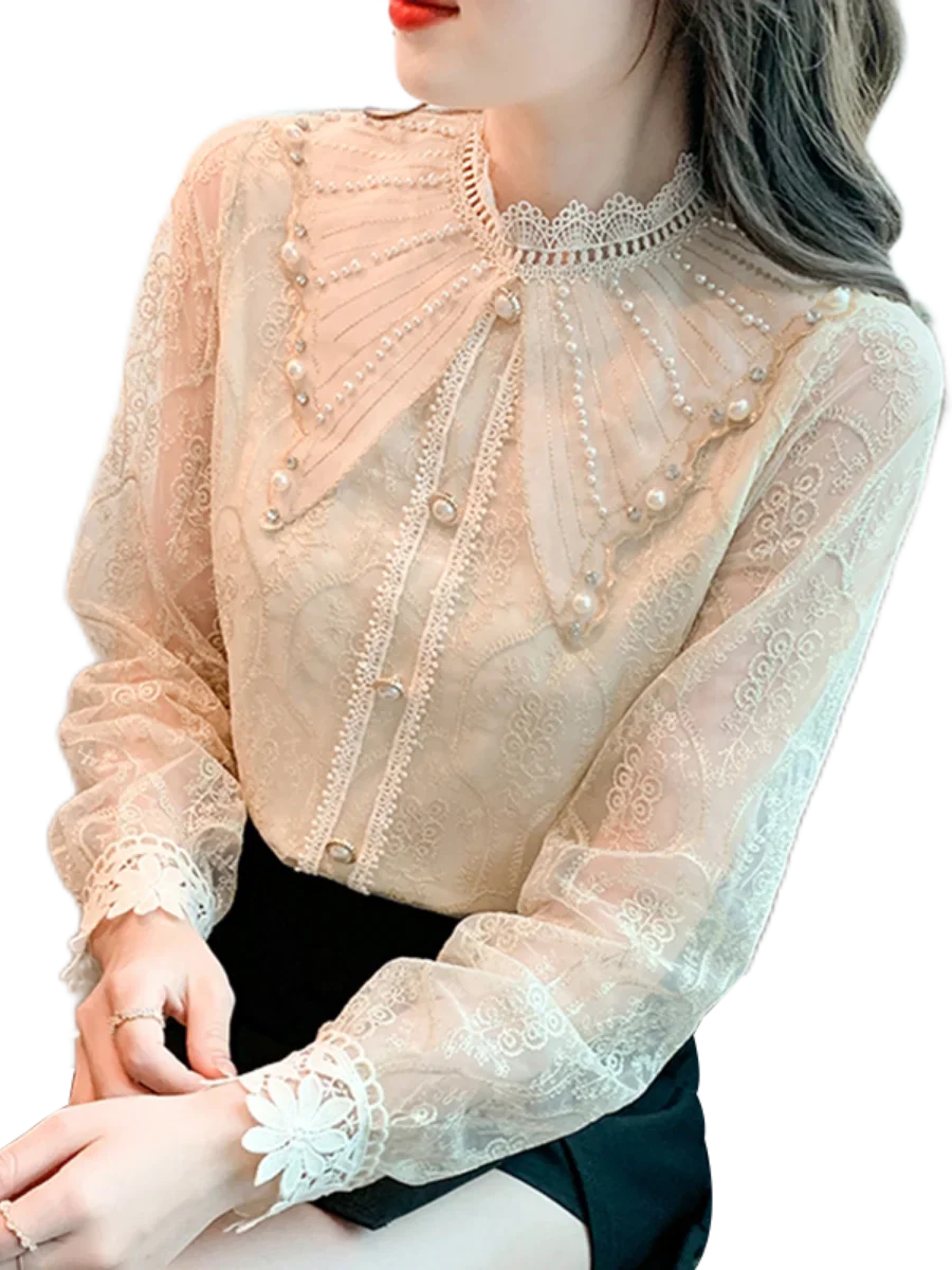 French Elegant Lace Shirt 2022 New Fall Women Clothing Luxury Chic Beads Embroidery Cute Doll Collar Long Sleeve Blusas Top Lady