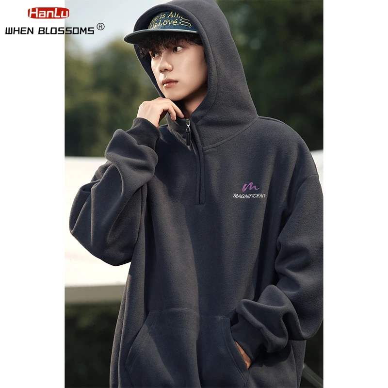 Half zipper Thick Fleece Hooded Sweatshirt For Men\'s Women\'s  Autumn Winter Warm Embroidery Pullover Trendy Brand Hoodie Coats