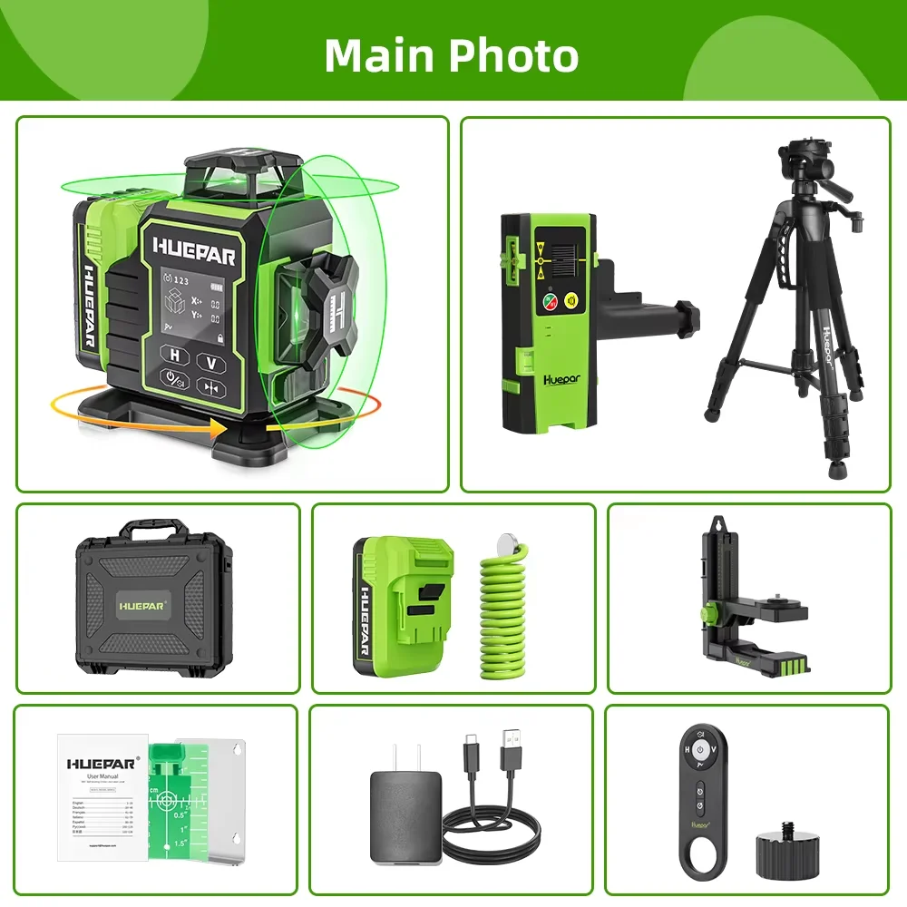 Huepar W03CG Set 3D 12-lijnen laserniveau met detectorstatief 360 ° Cross Lines Bluetooth Elektrisch Roterende Basis LCD-scherm Afstandsbediening