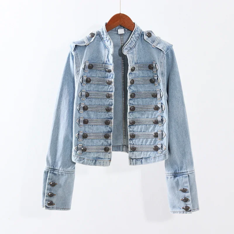 

2025 Autumn Military Style Handsome Stand Collar Denim Jackets Women Double-breasted Slim Short Black Jeans Jacket Coat Female