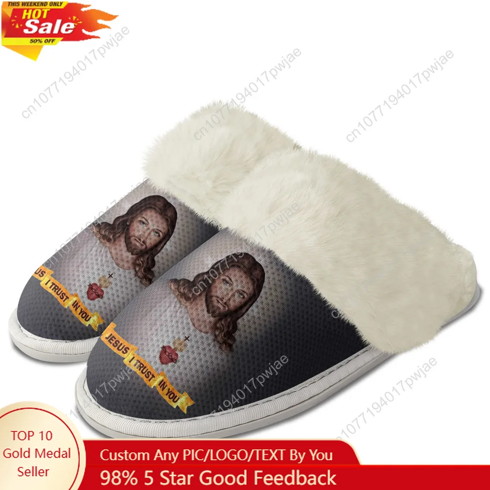 

DIY Christian God Religion Jesus Printed Cross Plush Slippers Keep Warm Shoes Mens Womens Home Bedroom Slipper Custom Shoes