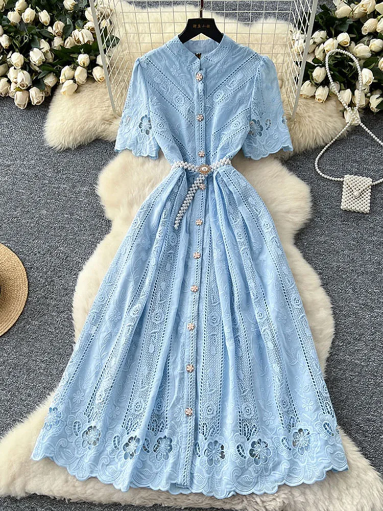 

Summer Women's Short Sleeved Dress New Fashionable Cotton Hollow Embroidery Single Breasted Waist Cinching Elegant Dress S458