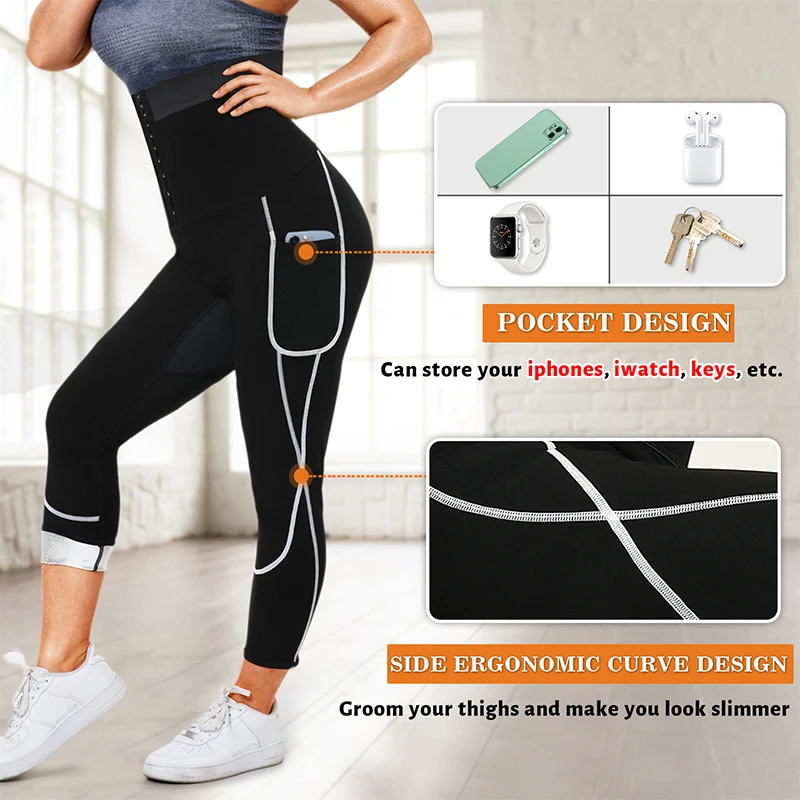 Sauna Sweat Pants for Women High Waist Compression Slimming Leggings Sauna Sweat Capris Pants with Pocket