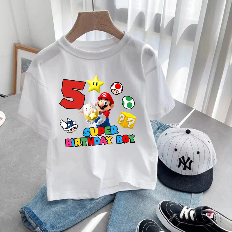 スーパーマリオのキャラクターがプリントされたTシャツ,トップス,子供向けのコットンTシャツ,漫画のデザイン,デジタル,誕生日,男の子,夏